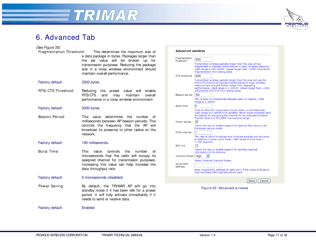 OTC Wireless TRIMAR technical manual Advanced Tab, RTS/CTS Threshold, Beacon Period, Burst Time, Power Saving 