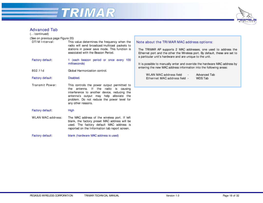 OTC Wireless TRIMAR technical manual Advanced Tab, 802.11d, Transmit Power, Wlan MAC address field 