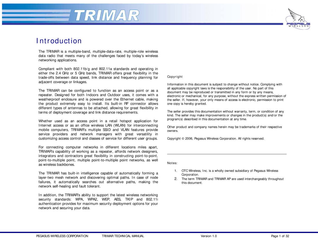 OTC Wireless TRIMAR technical manual Introduction, Copyright 