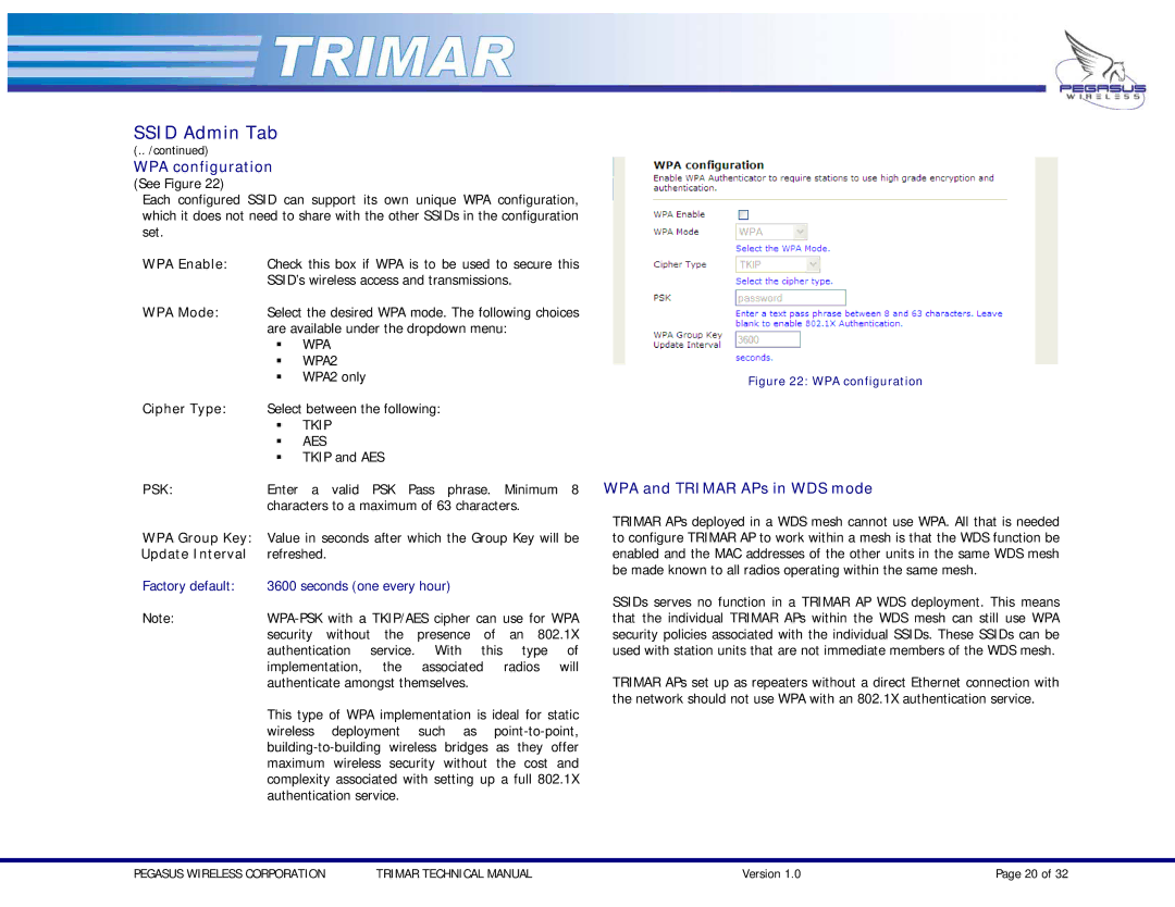 OTC Wireless TRIMAR Ssid Admin Tab, WPA configuration, WPA and Trimar APs in WDS mode, WPA Group Key, Update Interval 