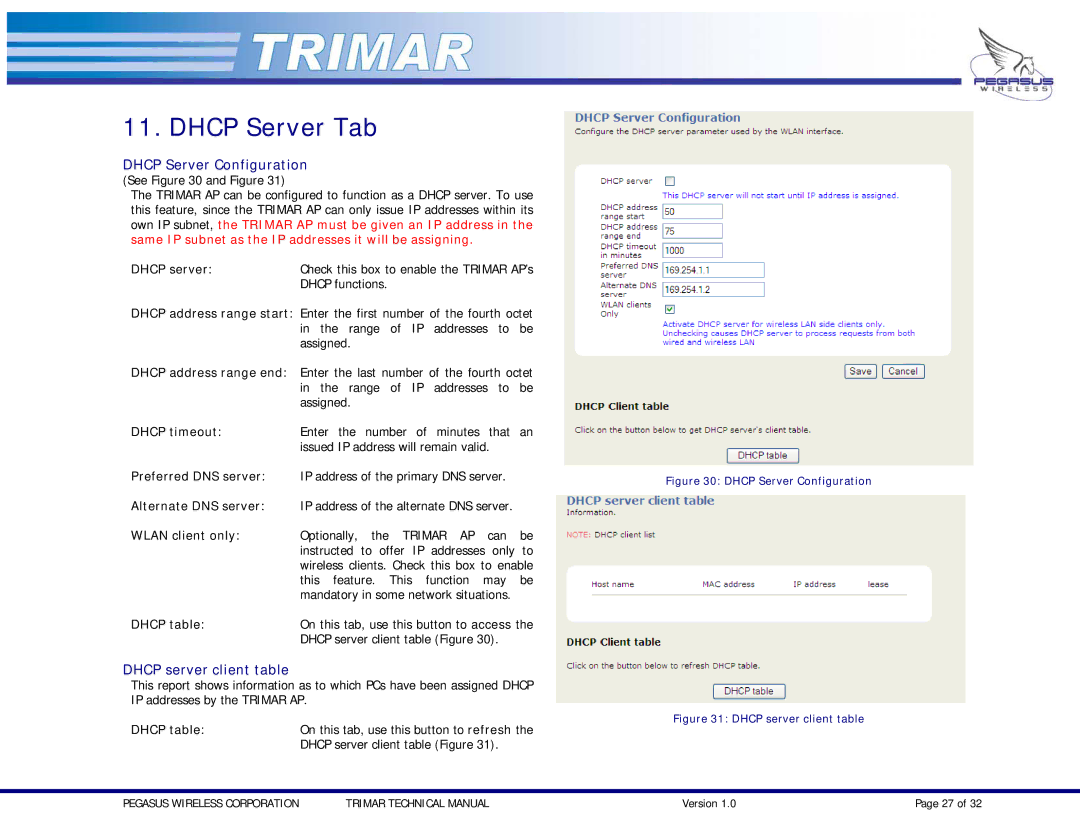 OTC Wireless TRIMAR technical manual Dhcp Server Tab, Dhcp Server Configuration, Dhcp server client table 