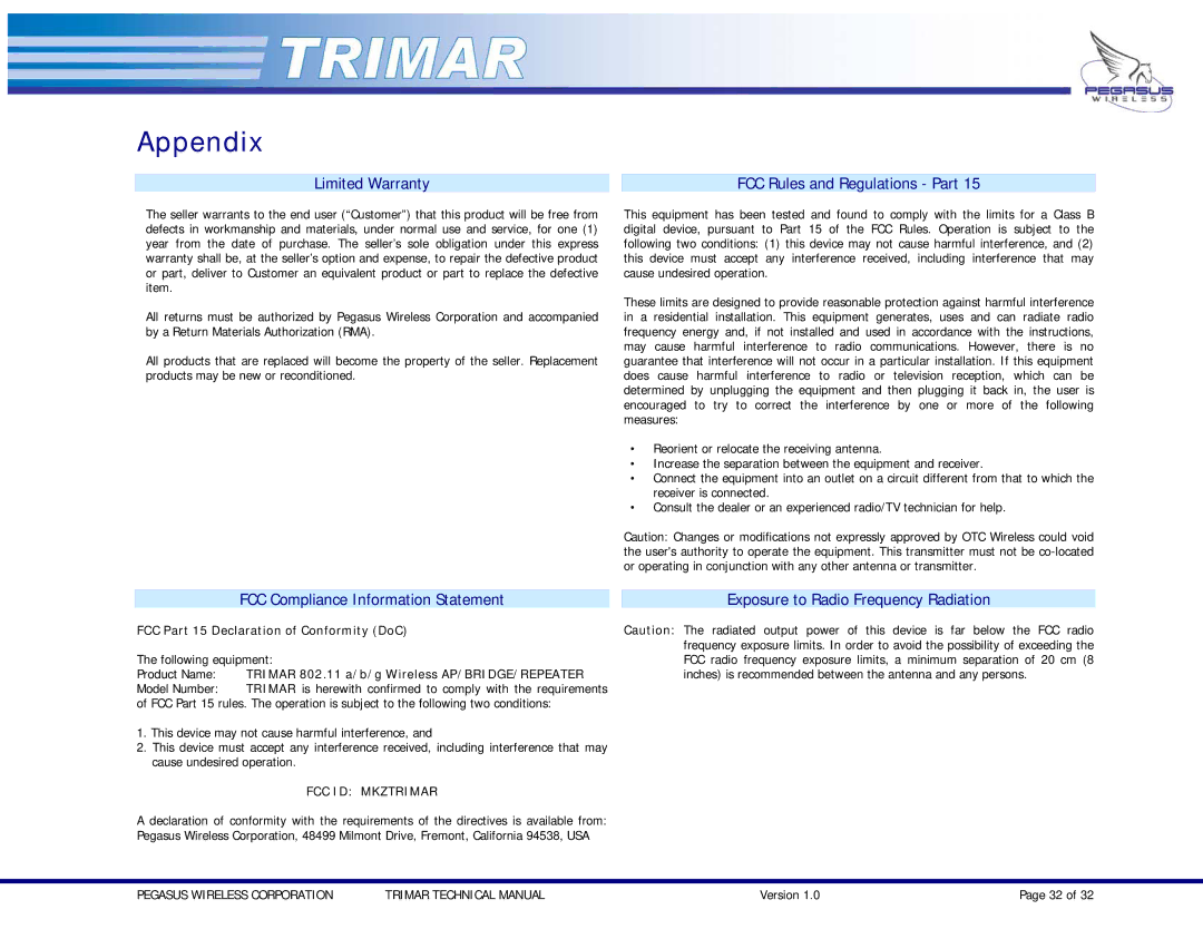 OTC Wireless TRIMAR technical manual Appendix, Limited Warranty FCC Rules and Regulations Part 