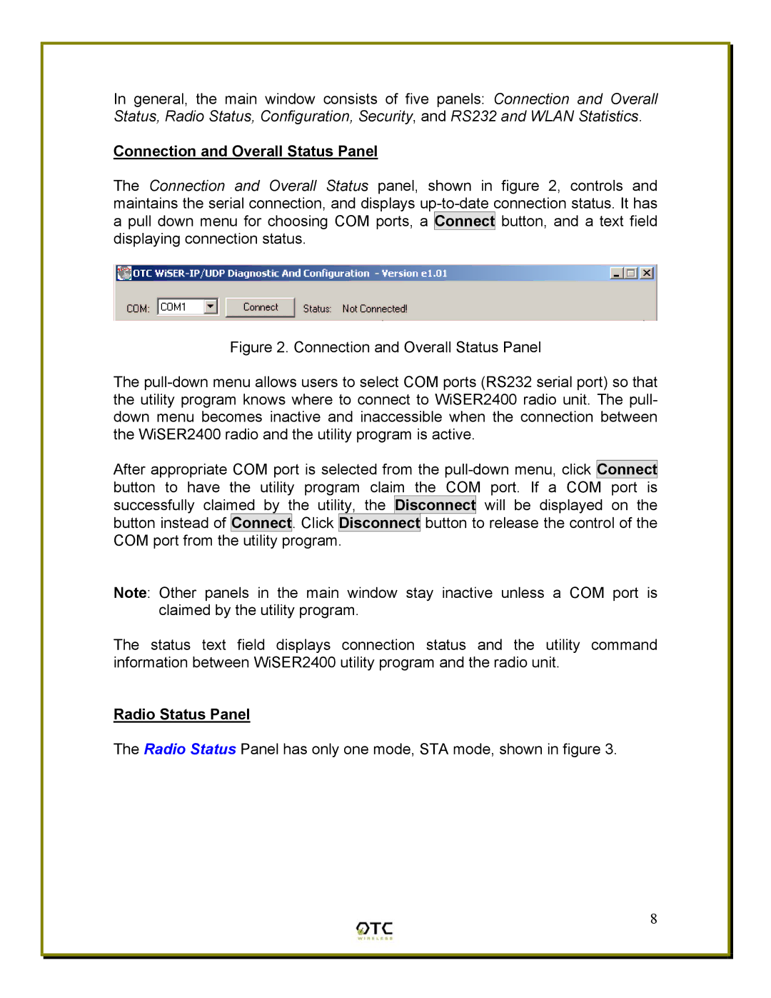 OTC Wireless WiSER2400 manual Connection and Overall Status Panel, Radio Status Panel 