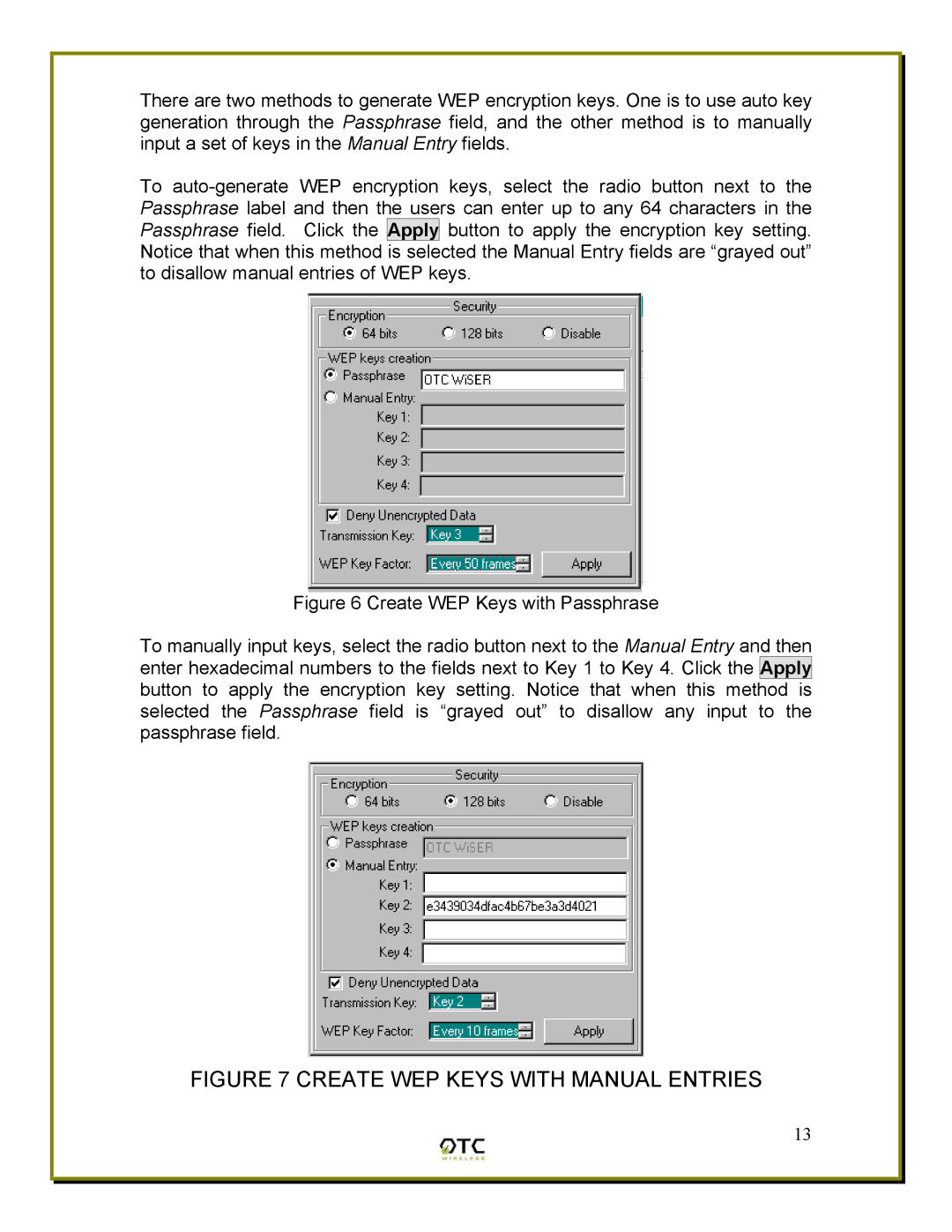 OTC Wireless WiSER2400 manual Create WEP Keys with Manual Entries 