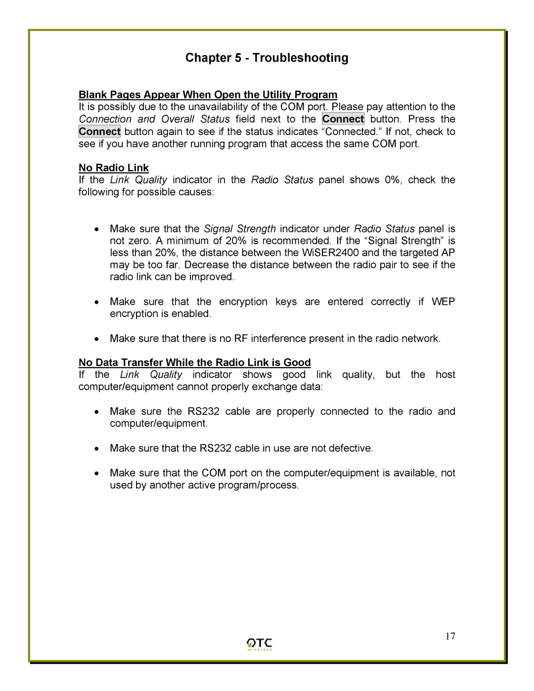 OTC Wireless WiSER2400 manual Troubleshooting, Blank Pages Appear When Open the Utility Program, No Radio Link 