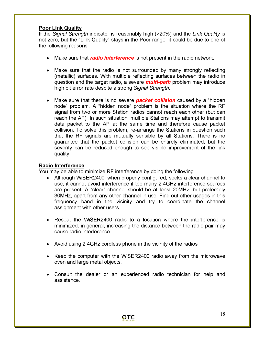 OTC Wireless WiSER2400 manual Poor Link Quality, Radio Interference 