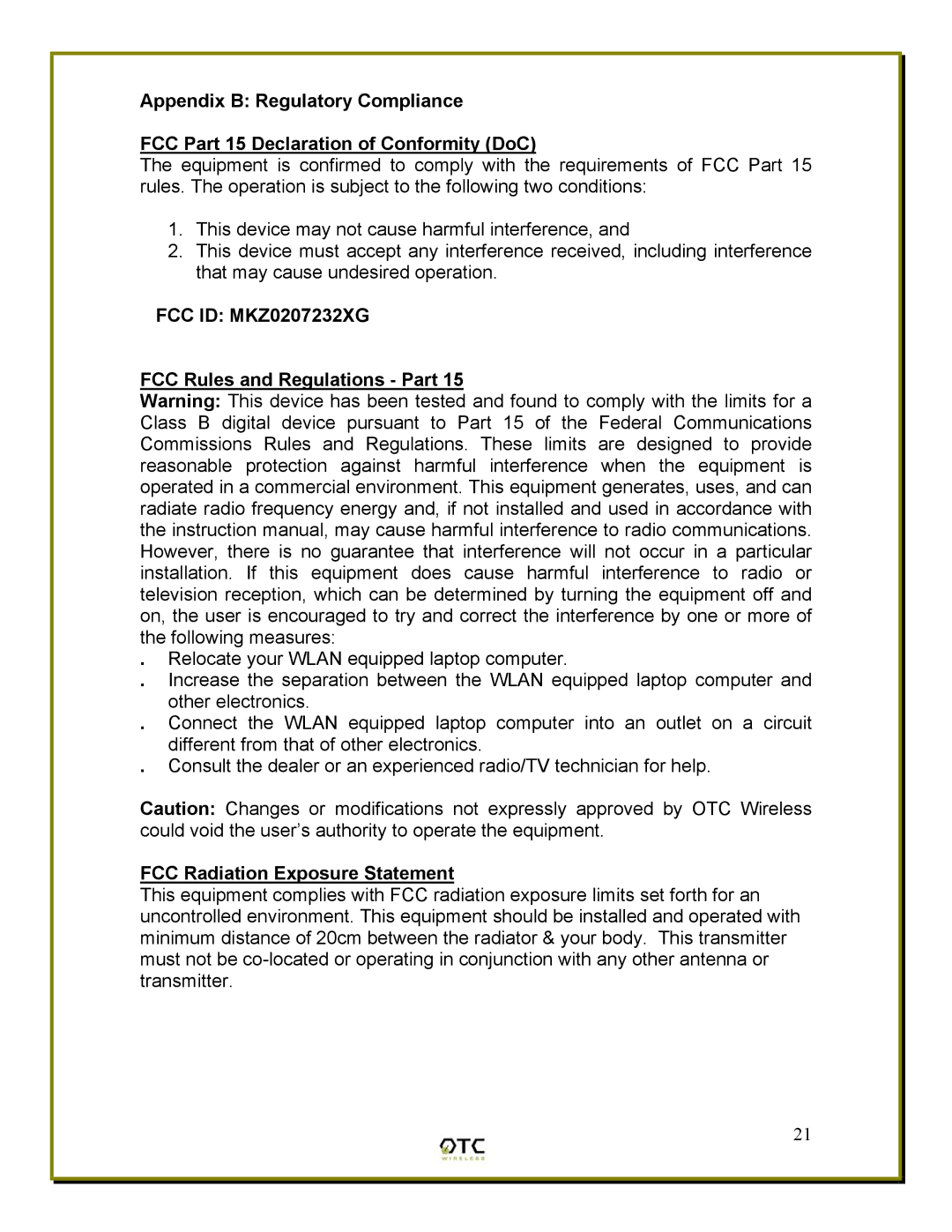 OTC Wireless WiSER2400 manual FCC ID MKZ0207232XG FCC Rules and Regulations Part, FCC Radiation Exposure Statement 