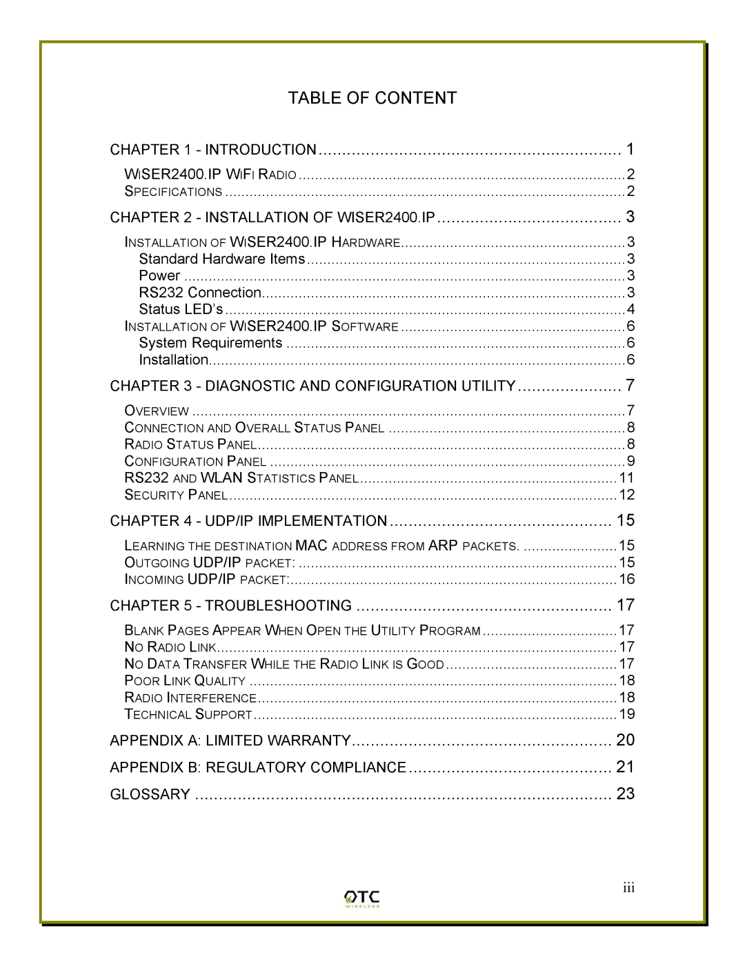 OTC Wireless WiSER2400 manual Table of Content Introduction 