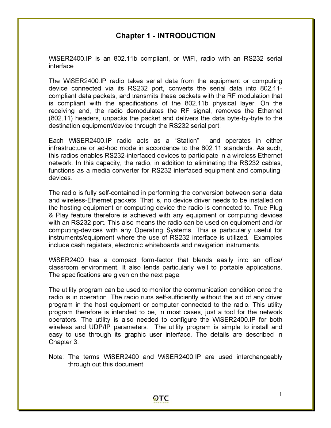 OTC Wireless WiSER2400 manual Introduction 