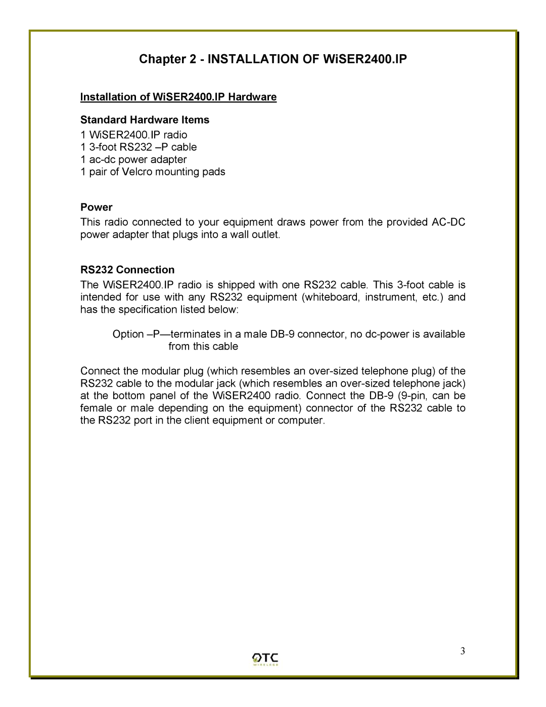 OTC Wireless manual Installation of WiSER2400.IP, Power, RS232 Connection 