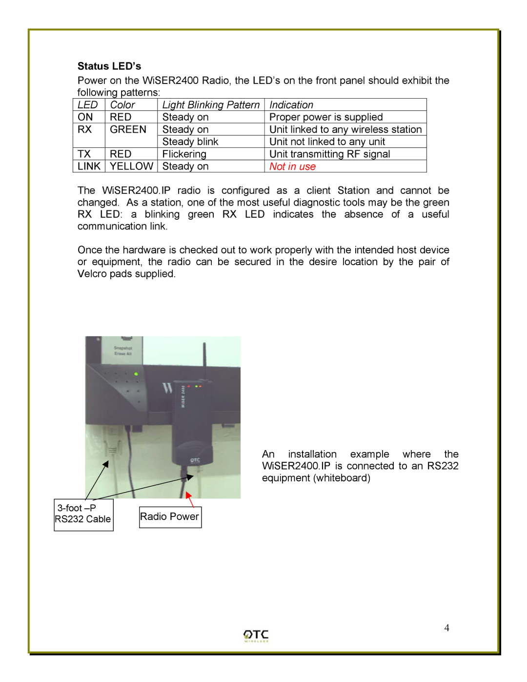 OTC Wireless WiSER2400 manual Status LED’s, Link Yellow 