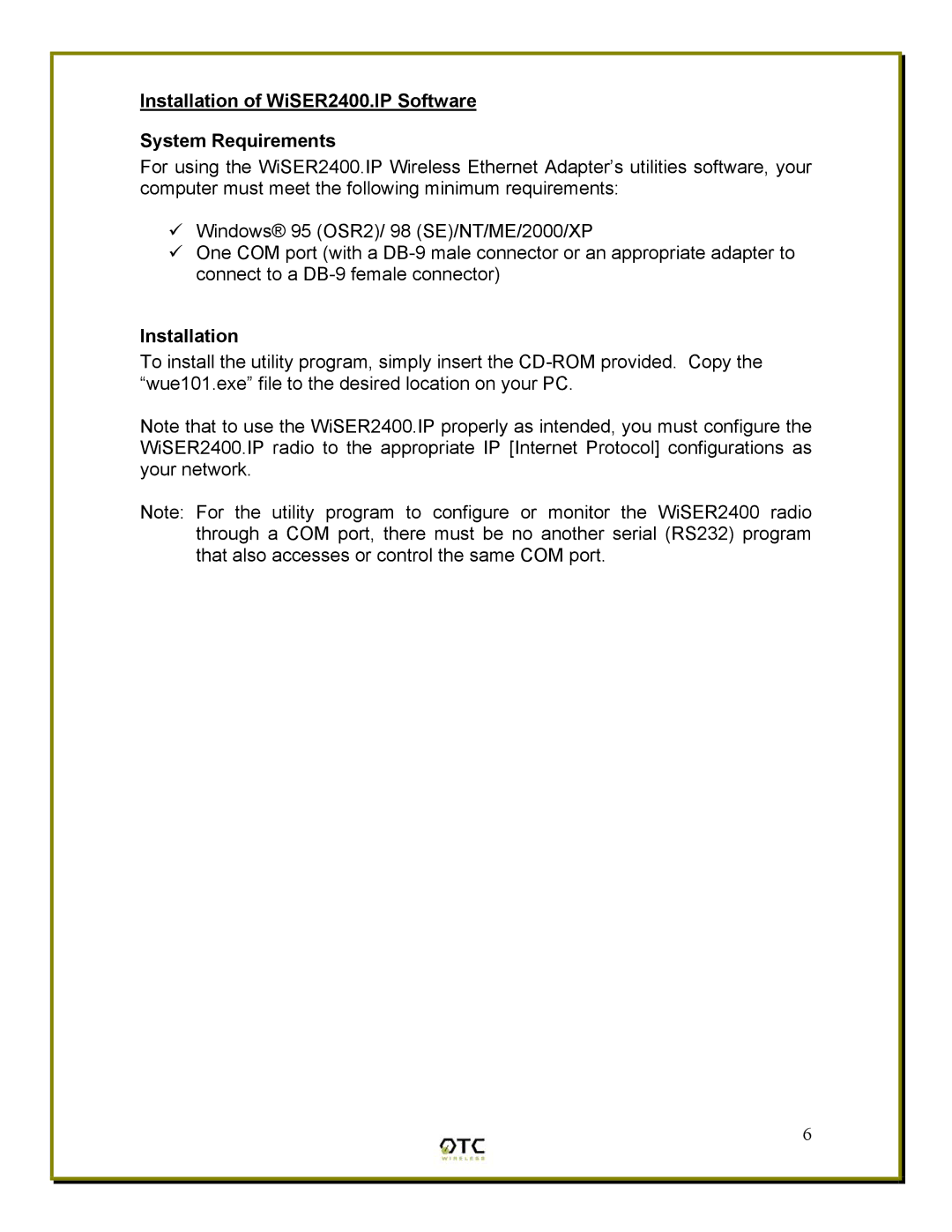 OTC Wireless manual Installation of WiSER2400.IP Software System Requirements 