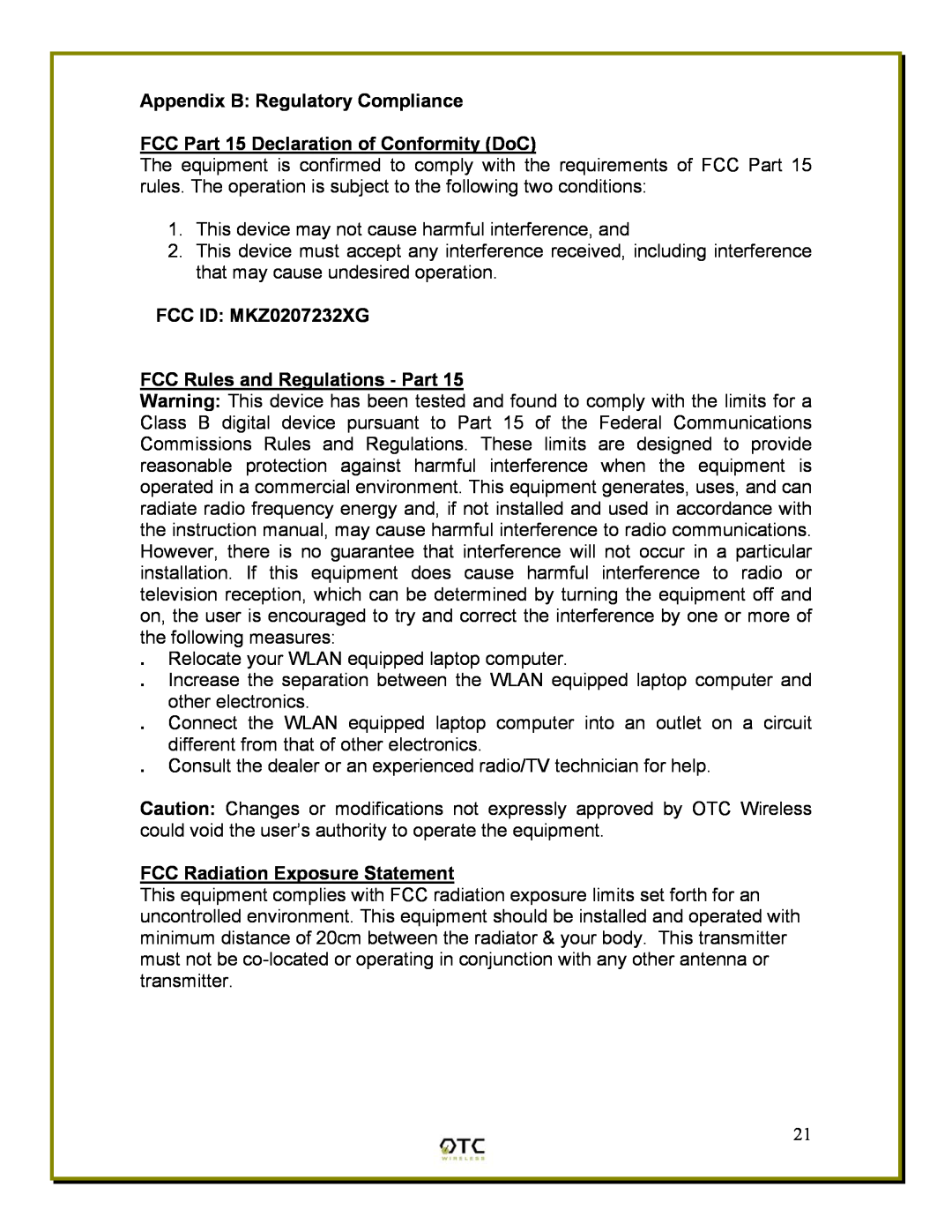 OTC Wireless WiSER2400 manual Appendix B Regulatory Compliance, FCC Part 15 Declaration of Conformity DoC 