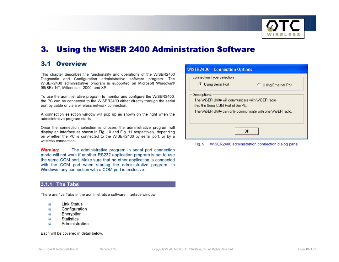 OTC Wireless WiSER2400.IP, WiSER2400.Plus technical manual Overview, Tabs 