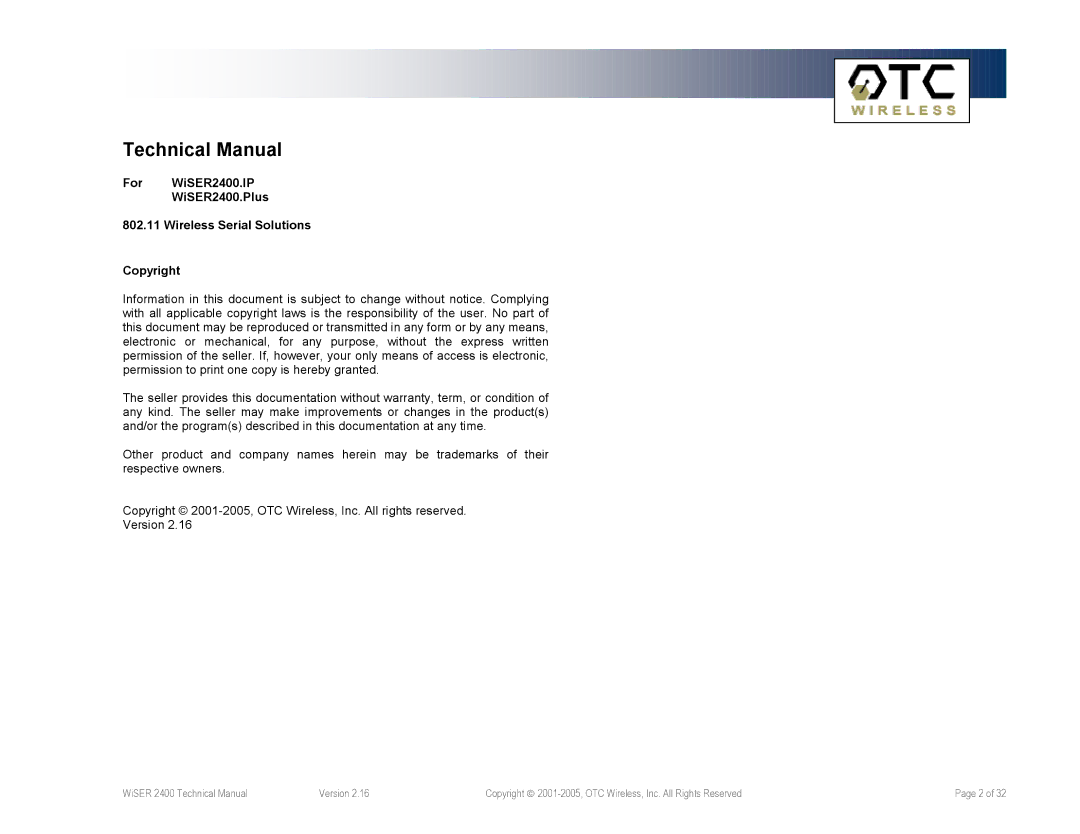 OTC Wireless WiSER2400.IP, WiSER2400.Plus technical manual Technical Manual 