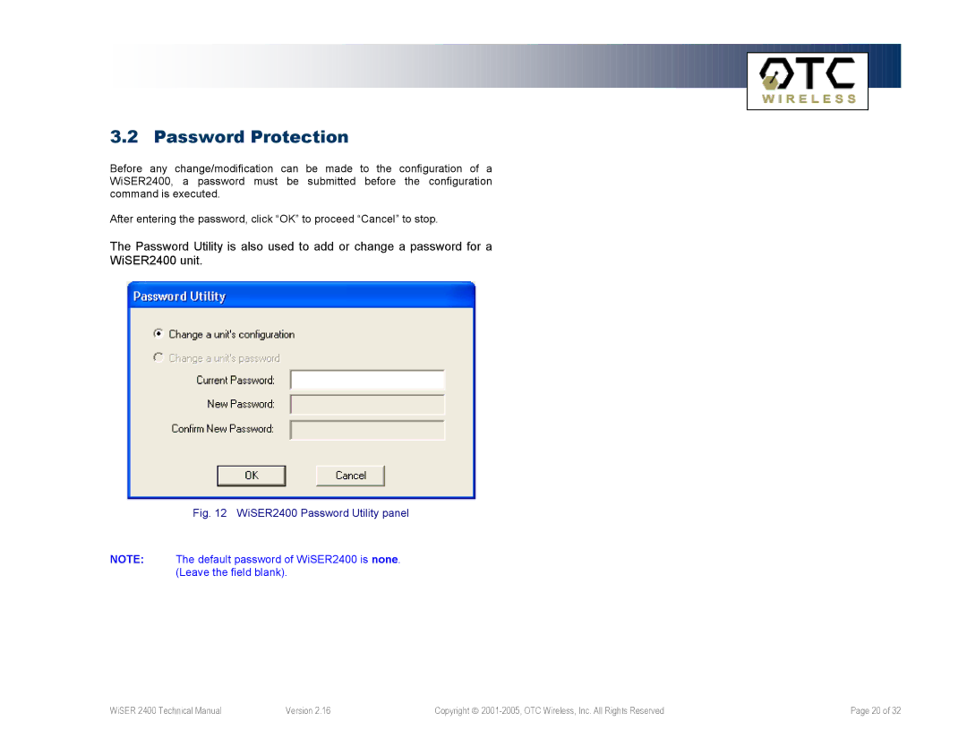 OTC Wireless WiSER2400.IP, WiSER2400.Plus technical manual Password Protection, WiSER2400 Password Utility panel 