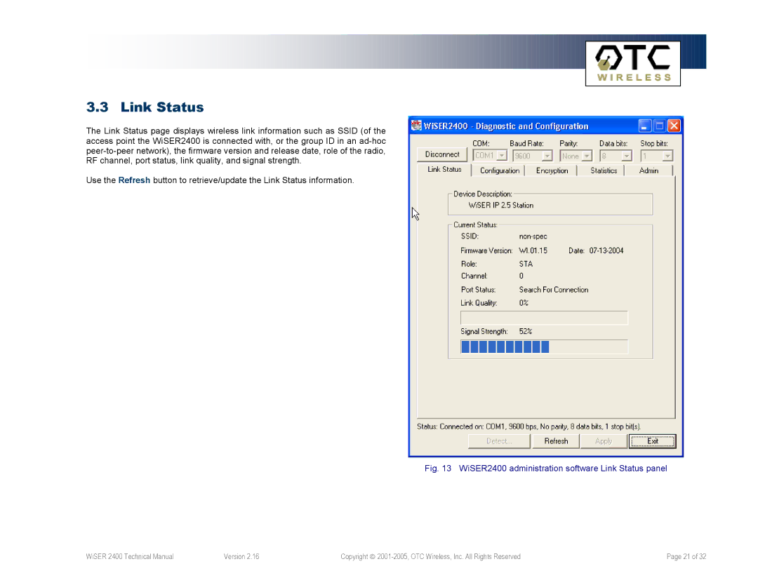 OTC Wireless WiSER2400.Plus, WiSER2400.IP technical manual WiSER2400 administration software Link Status panel 