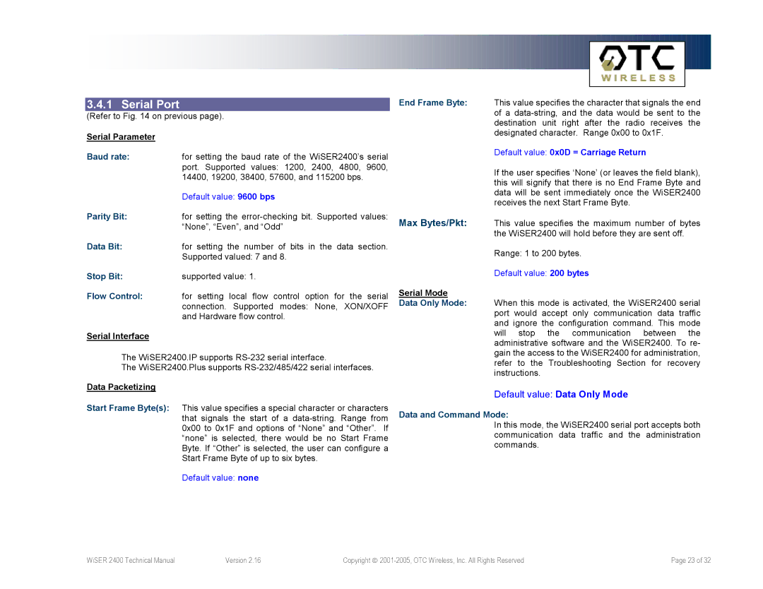 OTC Wireless WiSER2400.Plus, WiSER2400.IP technical manual Serial Port, Default value 9600 bps 