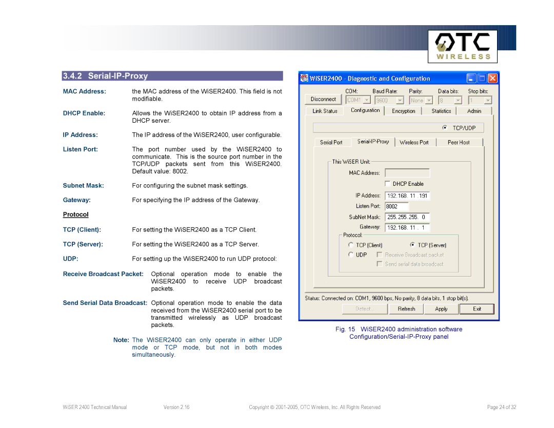 OTC Wireless WiSER2400.IP, WiSER2400.Plus technical manual Serial-IP-Proxy, Udp 