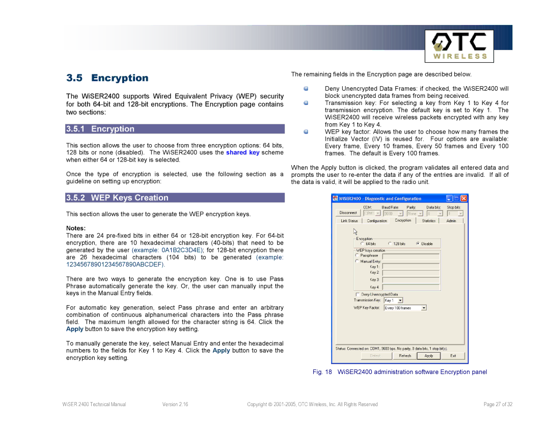 OTC Wireless WiSER2400.Plus, WiSER2400.IP technical manual Encryption, WEP Keys Creation 