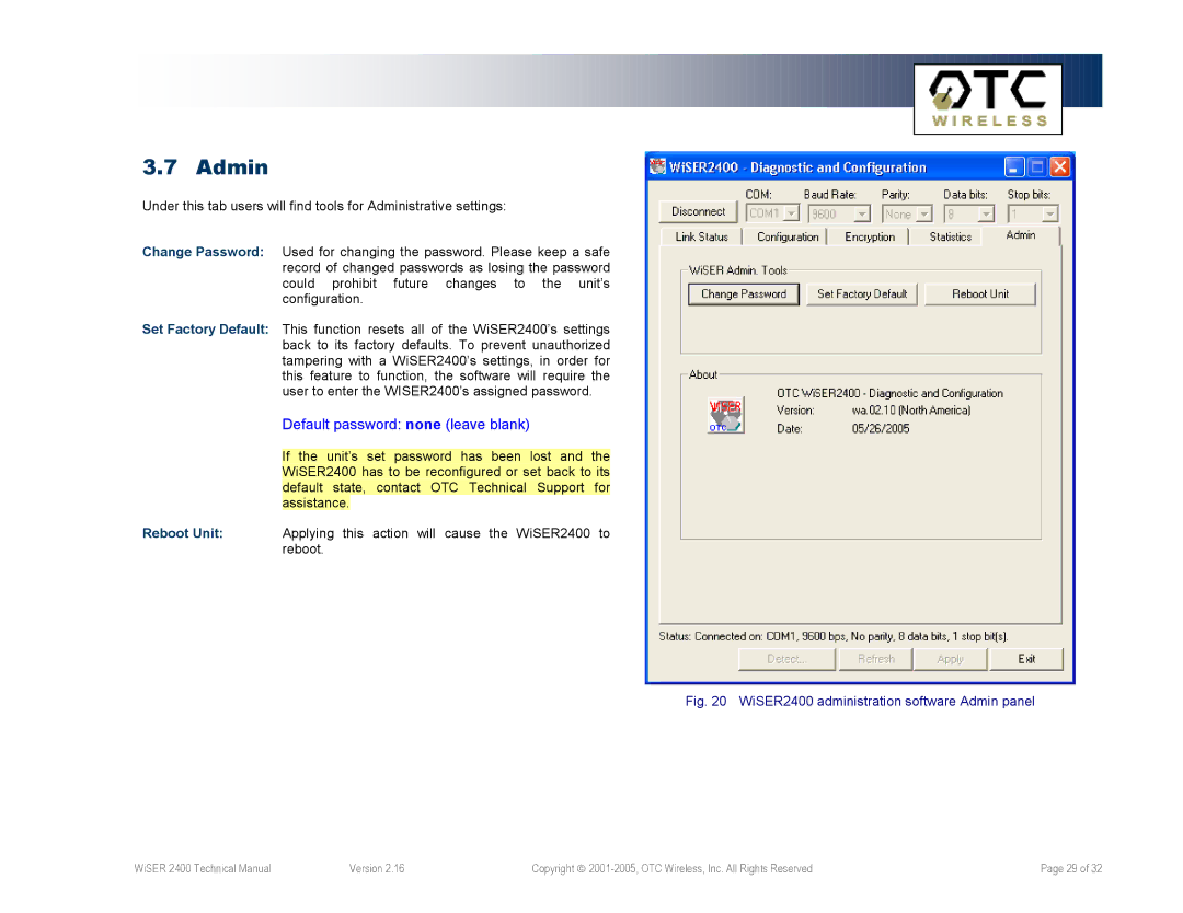 OTC Wireless WiSER2400.Plus, WiSER2400.IP technical manual Admin, Default password none leave blank 