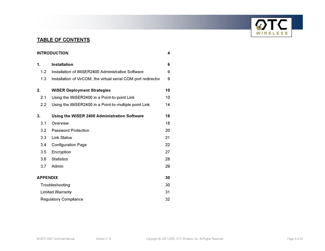 OTC Wireless WiSER2400.Plus, WiSER2400.IP technical manual Table of Contents 