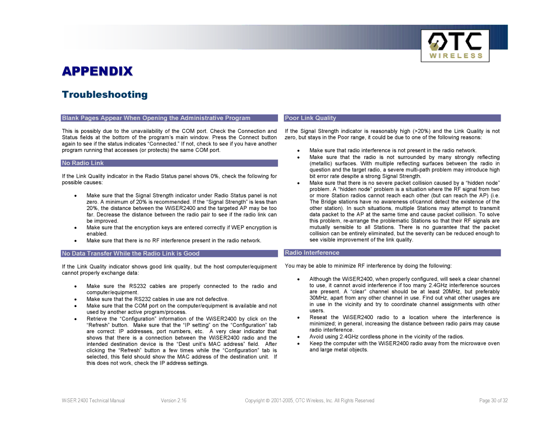 OTC Wireless WiSER2400.IP, WiSER2400.Plus technical manual Appendix, Troubleshooting 