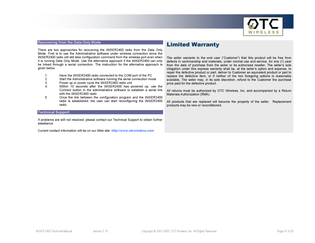 OTC Wireless WiSER2400.Plus, WiSER2400.IP technical manual Limited Warranty, Recovering from the Data Only Mode 