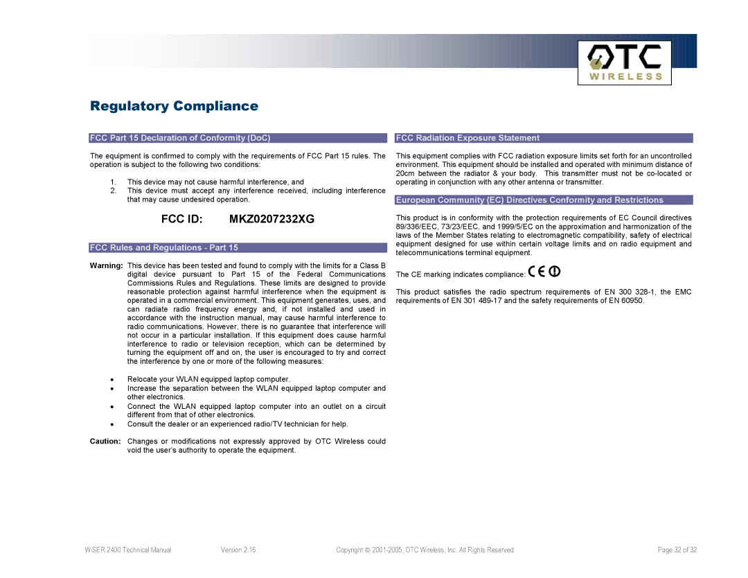 OTC Wireless WiSER2400.IP, WiSER2400.Plus technical manual Regulatory Compliance, FCC ID MKZ0207232XG 