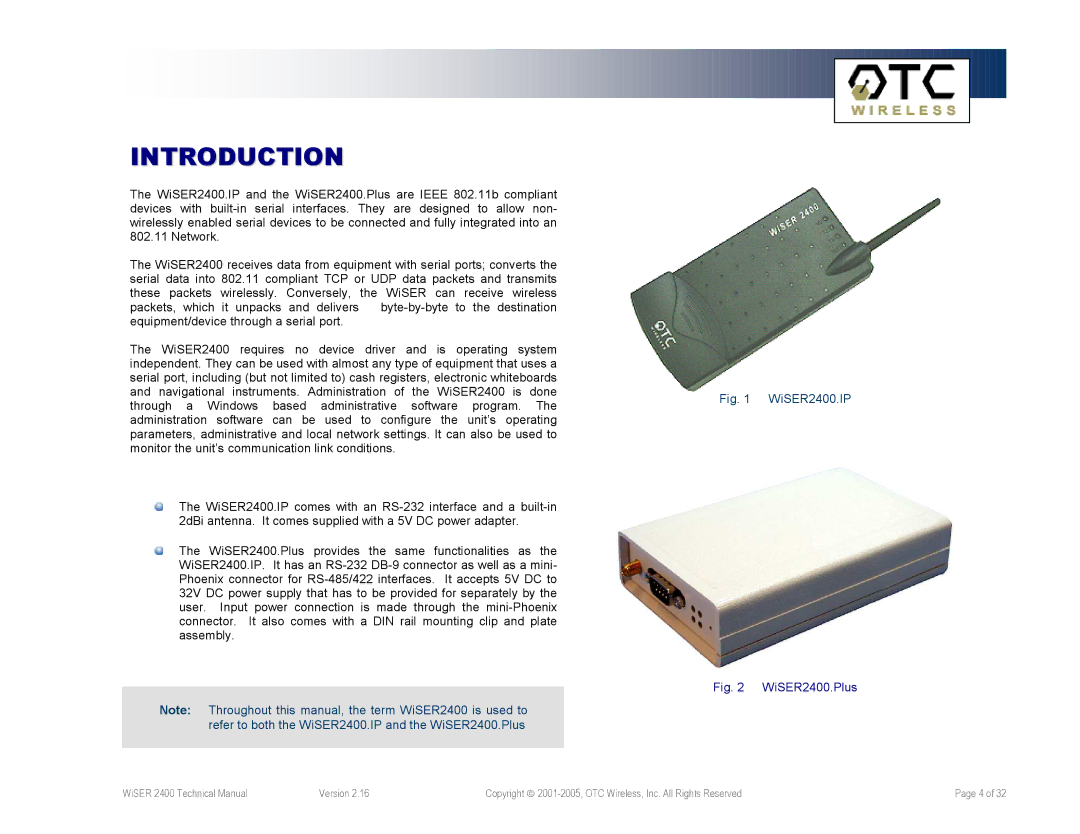 OTC Wireless WiSER2400.IP, WiSER2400.Plus technical manual Introduction 