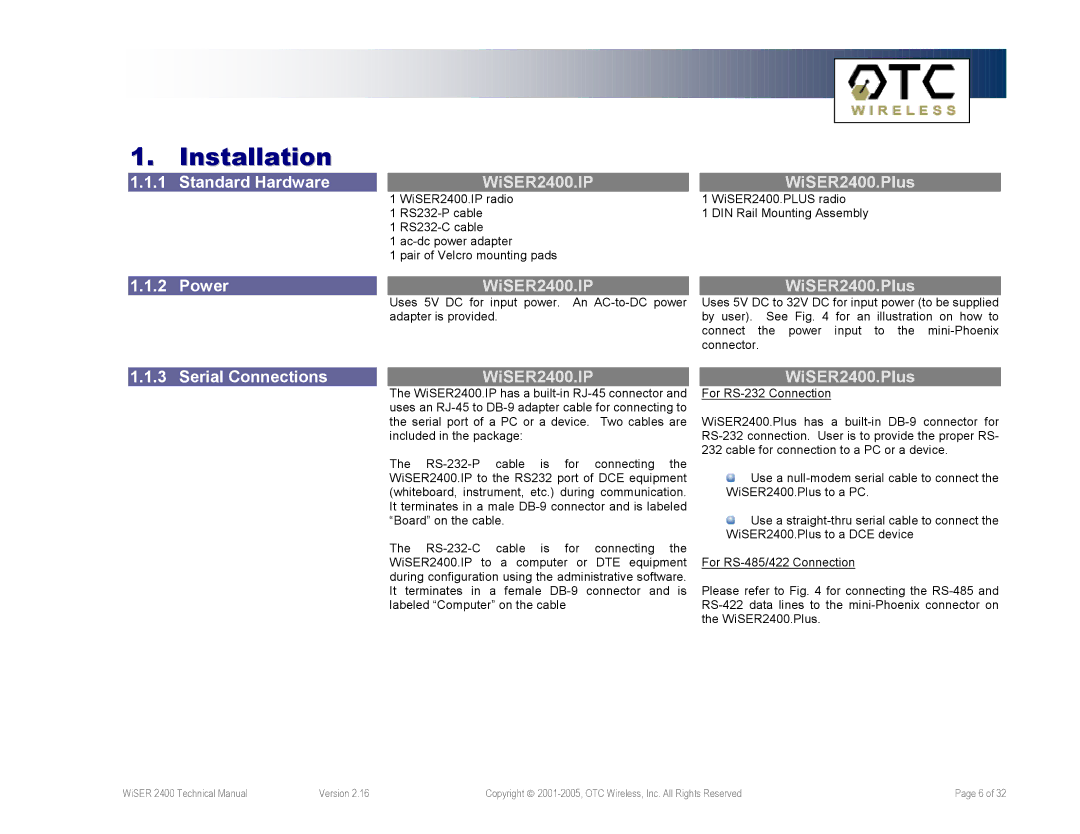 OTC Wireless WiSER2400.IP, WiSER2400.Plus technical manual Standard Hardware, Power, Serial Connections 