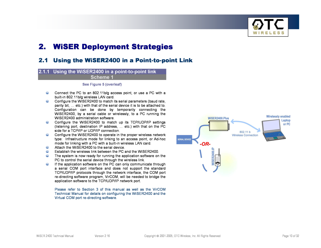 OTC Wireless WiSER2400.IP WiSER Deployment Strategies, Using the WiSER2400 in a Point-to-point Link, See overleaf 