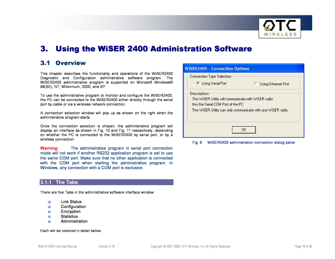 OTC Wireless WiSER2400.IP, WiSER2400.Plus technical manual Using the WiSER 2400 Administration Software, Overview, The Tabs 
