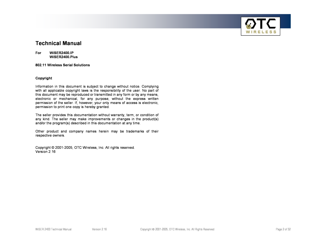 OTC Wireless WiSER2400.IP, WiSER2400.Plus technical manual Technical Manual 