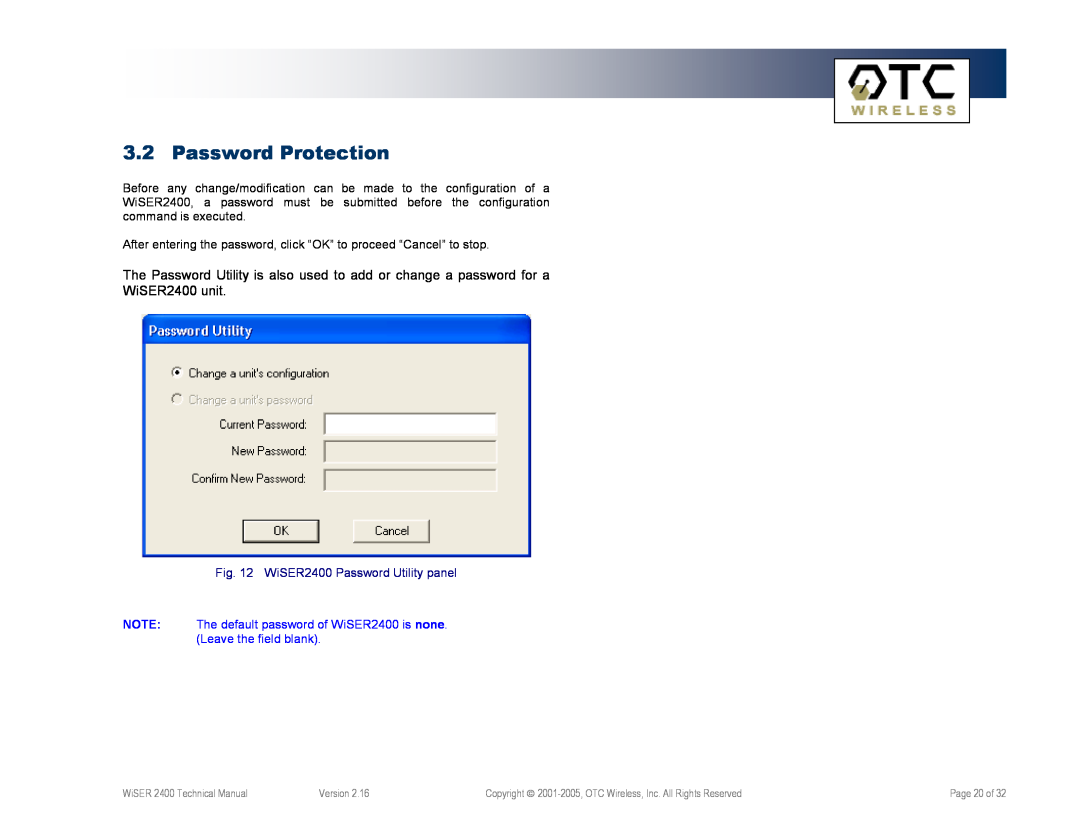 OTC Wireless WiSER2400.IP Password Protection, The Password Utility is also used to add or change a password for a 