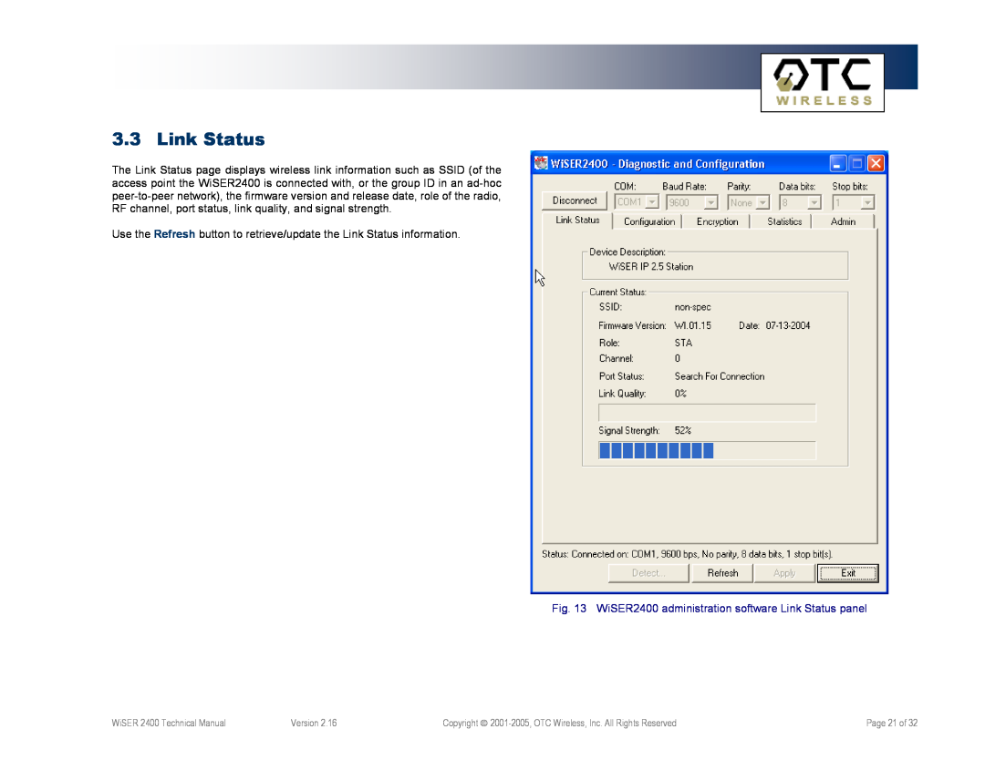 OTC Wireless WiSER2400.Plus, WiSER2400.IP technical manual WiSER2400 administration software Link Status panel 