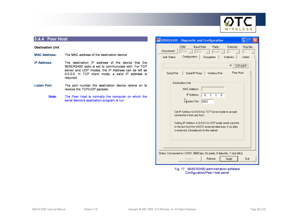 OTC Wireless WiSER2400.IP, WiSER2400.Plus WiSER2400 administration software, Configuration/Peer Host panel 