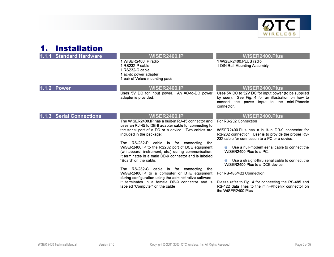 OTC Wireless WiSER2400.IP Installation, 1.1.1, Standard Hardware, WiSER2400.Plus, 1.1.2, Power, Serial Connections 