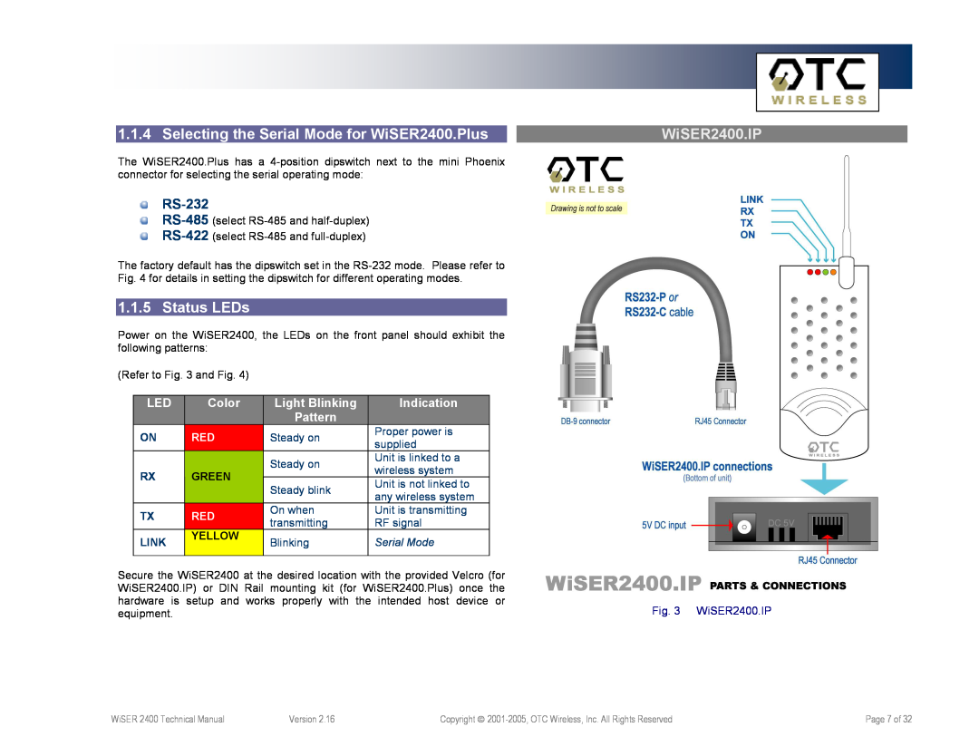 OTC Wireless Selecting the Serial Mode for WiSER2400.Plus, Status LEDs, WiSER2400.IP, RS-232, Color, Light Blinking 