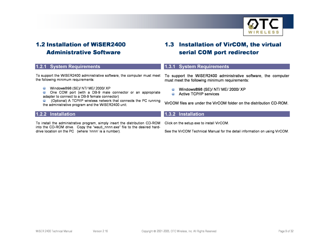 OTC Wireless WiSER2400.Plus Installation of WiSER2400, Installation of VirCOM, the virtual, Administrative Software 