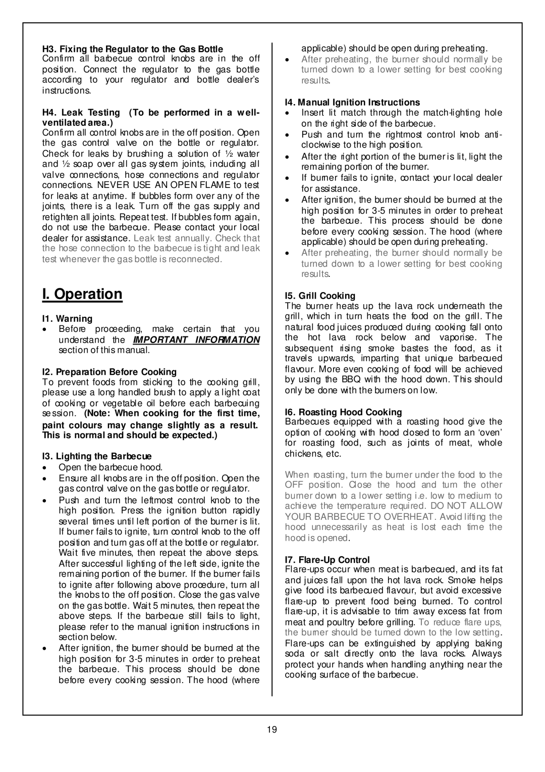 Outback Power Systems 300, 200 Operation, I1. Warning, I2. Preparation Before Cooking, I4. Manual Ignition Instructions 