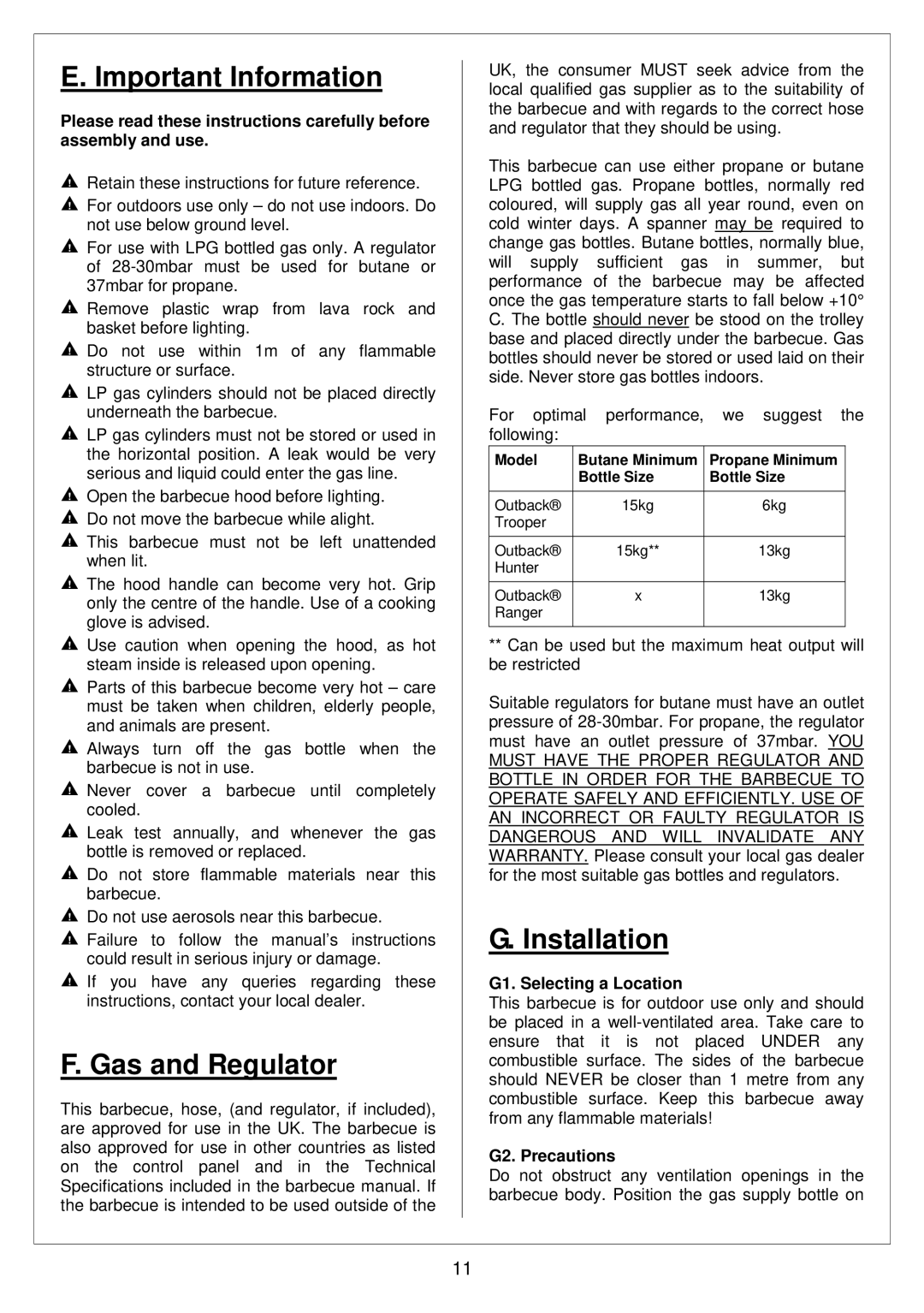 Outback Power Systems 359 specifications Important Information, Gas and Regulator, Installation, G1. Selecting a Location 