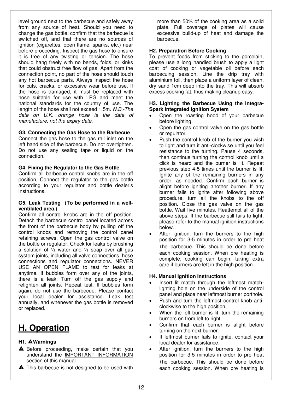 Outback Power Systems 359 Operation, H1. nWarnings, H2. Preparation Before Cooking, H4. Manual Ignition Instructions 