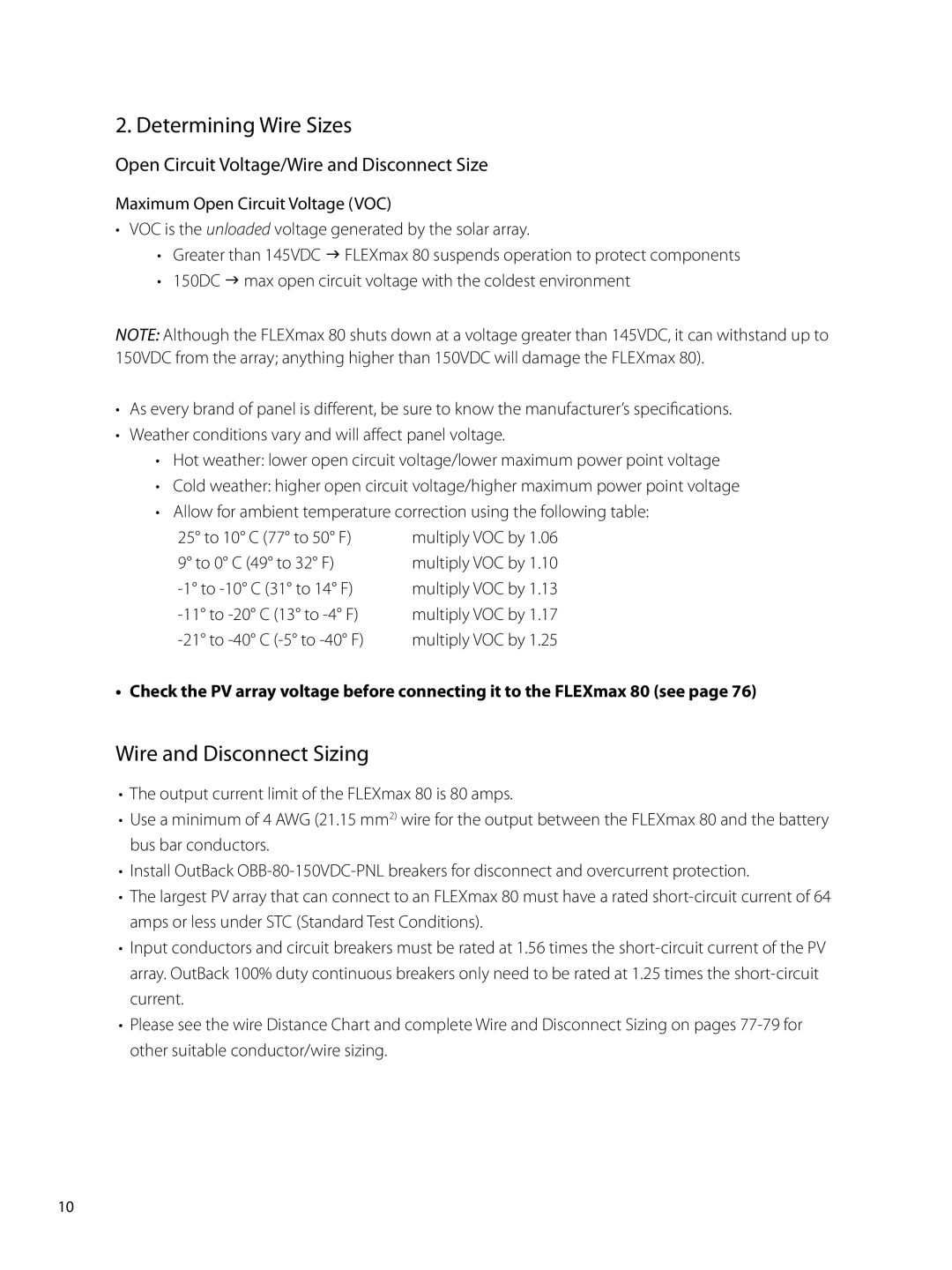 Outback Power Systems 80 Determining Wire Sizes, Wire and Disconnect Sizing, Open Circuit Voltage/Wire and Disconnect Size 