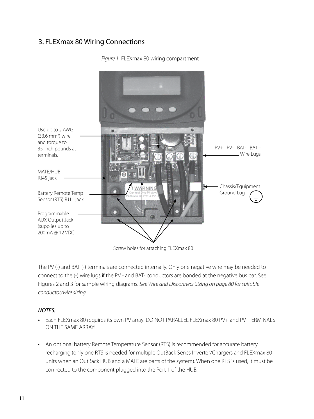 Outback Power Systems user manual FLEXmax 80 Wiring Connections, FLEXmax 80 wiring compartment 