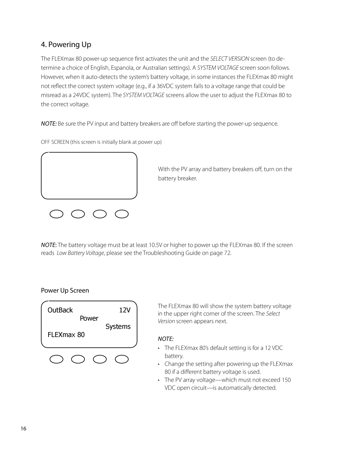 Outback Power Systems 80 user manual Powering Up, Power Up Screen, OutBack12V Power Systems FLEXmax 