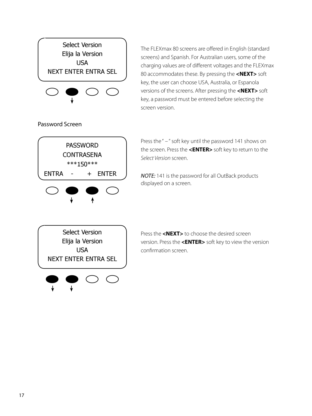 Outback Power Systems 80 user manual Select Version Elija la Version, USA Next Enter Entra SEL, Password Contrasena, 150 