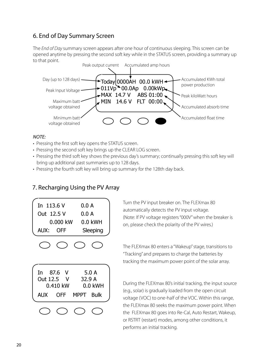 Outback Power Systems 80 user manual End of Day Summary Screen, Recharging Using the PV Array 