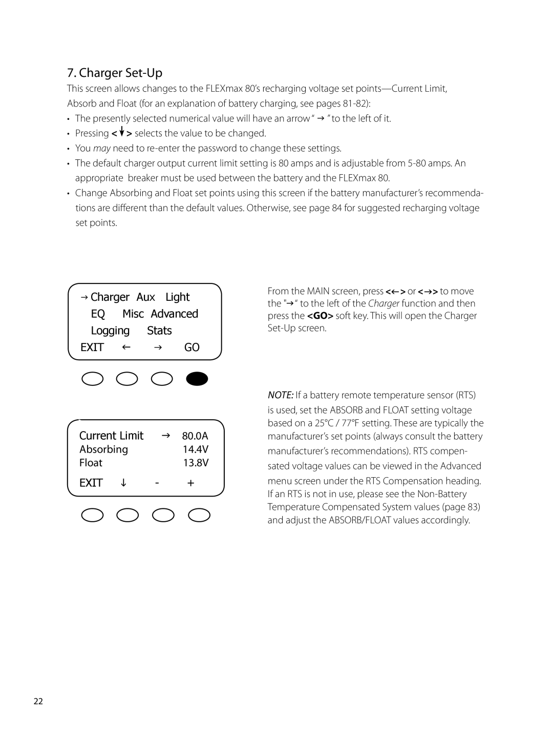 Outback Power Systems user manual Charger Set-Up, Current Limit, 80.0A, Absorbing 14.4V Float 13.8V, Exit 