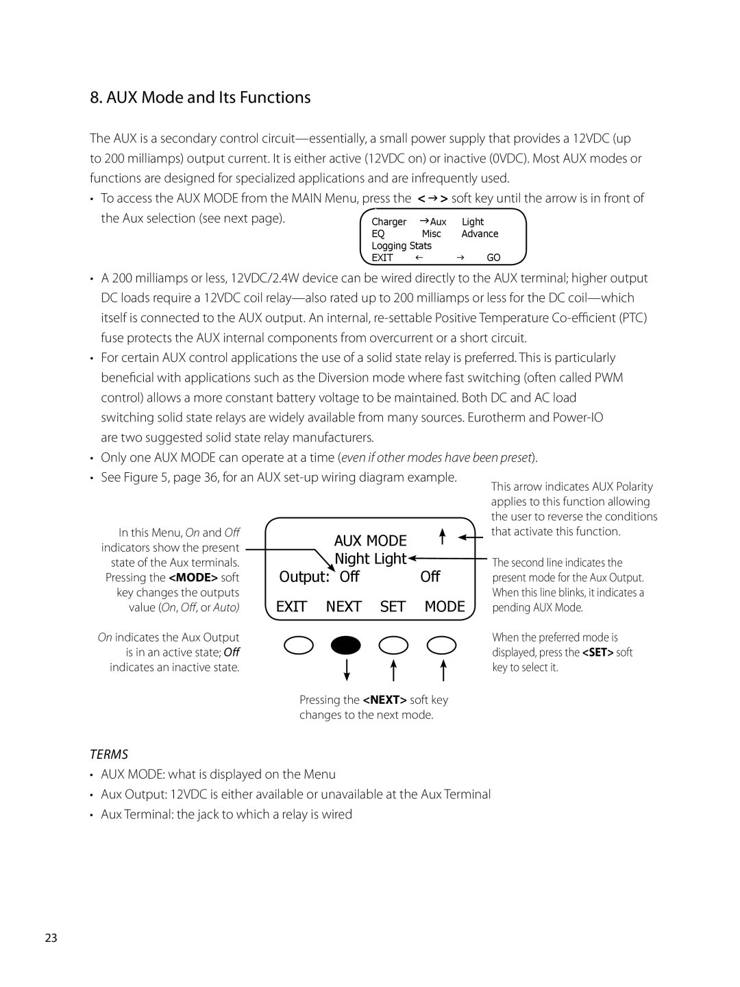 Outback Power Systems 80 user manual AUX Mode and Its Functions, Night Light Output Off, Exit Next SET Mode 